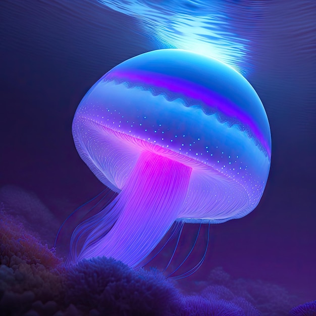 Bioluminescent jellyfish glowing purple and blue in the ocean