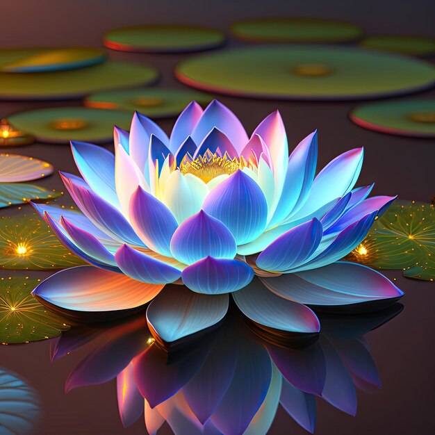 Bioluminescent lotus Beautiful realistic lotus flower at night 3d render