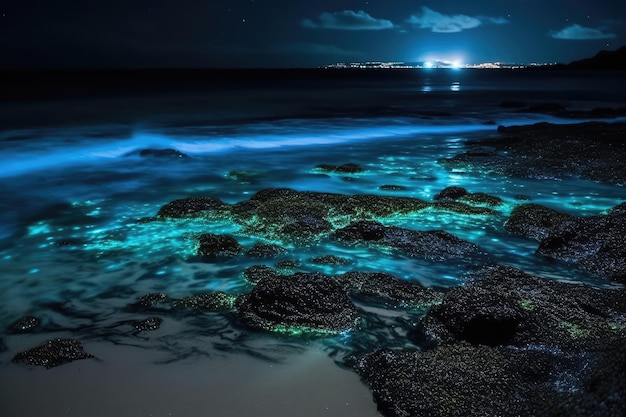 Bioluminescent Plankton Illuminating Dark Beach Scene Generative AI