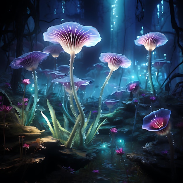 Bioluminescent and psychedelic mushrooms emanating an enchanting magical glow