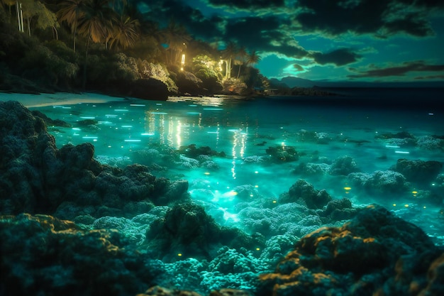 The bioluminescent waters of Puerto Rico provide a surreal summer travel background where the ocean glows at night with a mystical bluegreen light