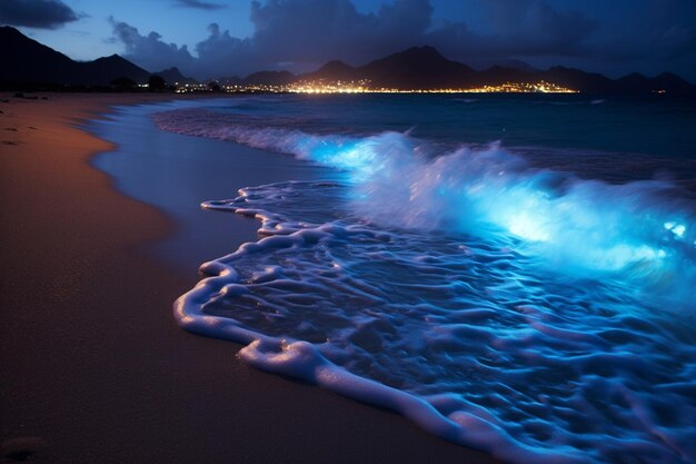 Foto ondate bioluminescenti che si schiantano su una spiaggia