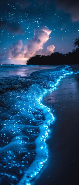 Foto ondate bioluminescenti su una spiaggia tropicale