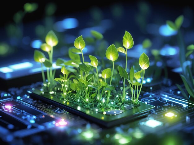 Биолюминесцентные чудеса Иллюстрация светящихся растений, растущих на компьютерных схемах