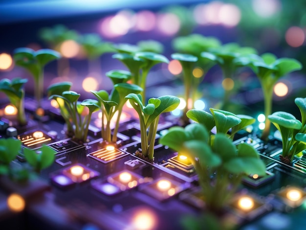 Фото Биолюминесцентные чудеса иллюстрация светящихся растений, растущих на компьютерных схемах