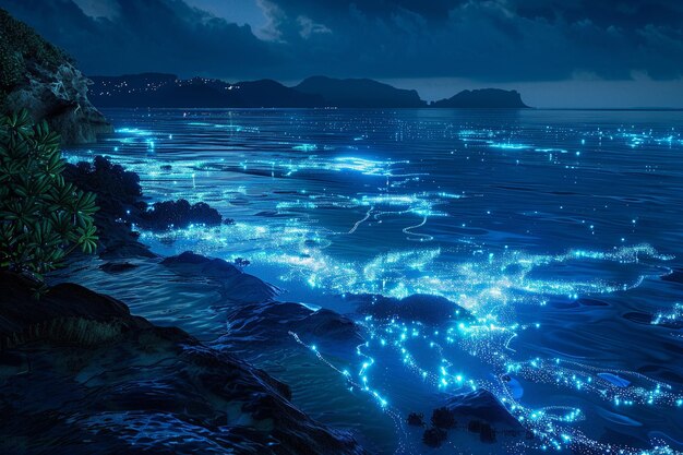 Bioluminescerend plankton verlicht een nachtelijke zee oc