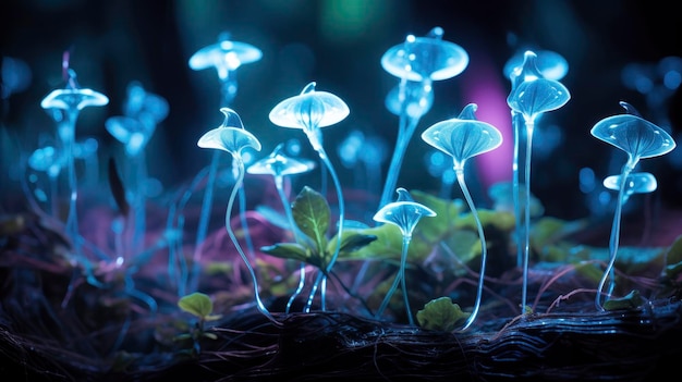 Bioluminescerende planten geavanceerde biotechnologie innovatieve genetische techniek gloeiende bladeren futuristische verlichting gecreëerd met generatieve AI-technologie