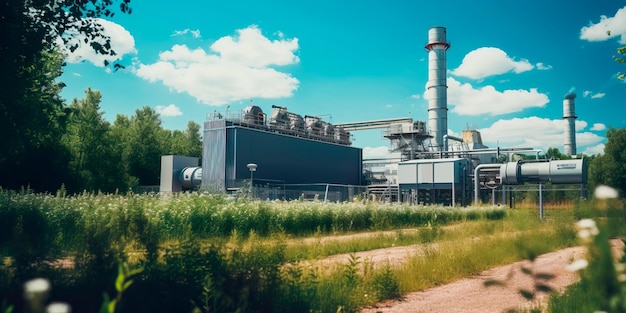 Biomass power plant utilizing organic waste to produce energy surrounded by lush greenery