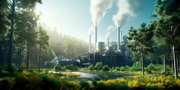 biomass power plant utilizing organic waste to produce energy surrounded by lush greenery