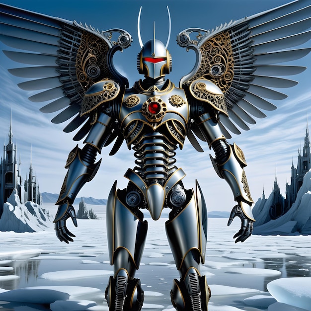 The biomechanical cybermech angel stood tall against the icy cold landscape its intricate metal win