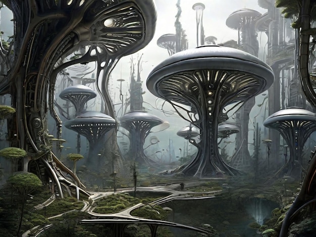 a biomechanical forest on an alien planet