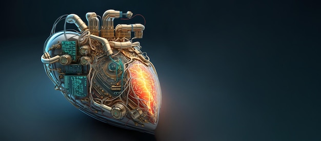 A biomechanical golden heart of wires and glowing light Generated AI