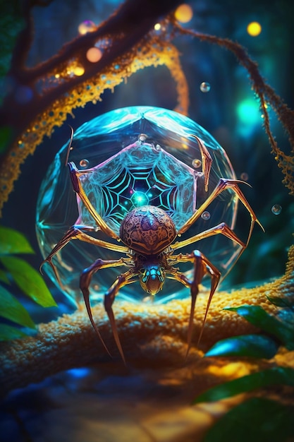 A biomechanical spider in jungle waiting for a prey AI Generated Photo