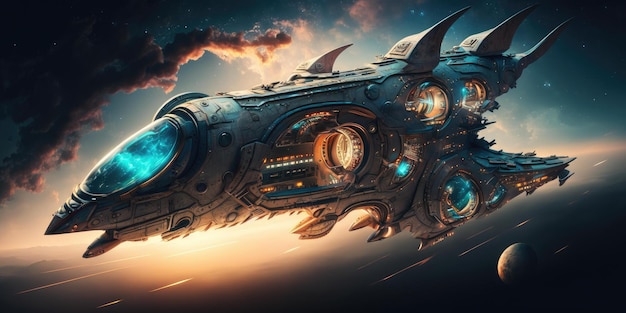 Biomechanical starship traveling through space scifi high quality technology