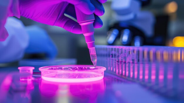 Photo biomedical research pipetting sample into a petri dish in lab