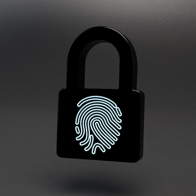 biometric data fingerprint on lock padlock on black background illuminated with white neon light.