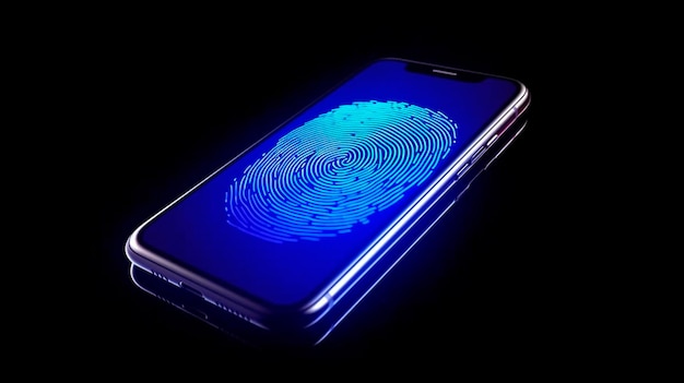Биометрический отпечаток синего цвета на телефоне Generative AI