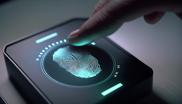 写真 biometric fingerprint digital scan technology スキャン id 指紋スキャナーを使用したデジタル セキュリティとプライベート データ アクセスの概念 generative aix9