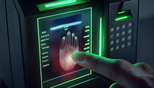 Биометрический отпечаток пальца Технология цифрового сканирования Идентификация сканирования Цифровая безопасность и концепция доступа к конфиденциальным данным с использованием сканера отпечатков пальцев Generative AIx9