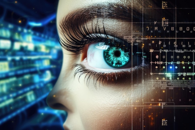 Foto biometrica donna sicurezza digitale occhio futuro concetto interfaccia visione futuristica tecnologia scienza iris