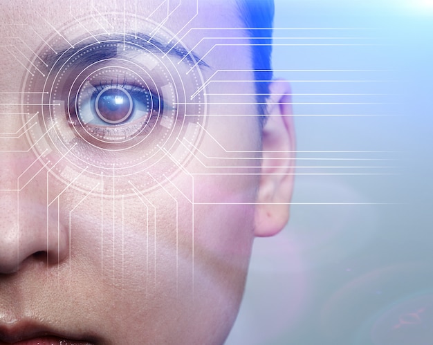 Photo biometrics concept. facial recognition system. face recognition. iris recognition.