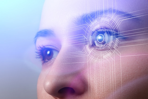 Biometrics concept. Facial Recognition System. Face Recognition. Iris recognition.