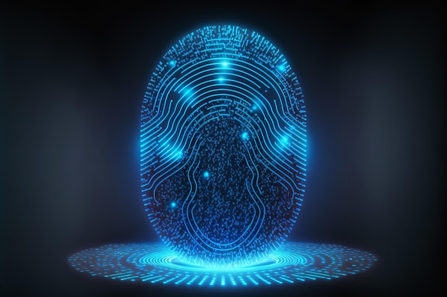 Identificazione biometrica e concetto di sicurezza informatica impronta digitale al neon luminosa su sfondo scuro illustrazione dell'ia generativa