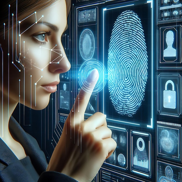 Biometrics security system Woman using fingerprint | Premium AI ...