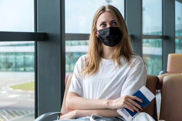 Biometrisch oekraïens paspoort is in handen van vrouw die op vlucht wacht op de luchthavenburger van oekraï