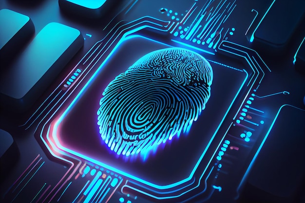 Biometrische identificatie en cyberveiligheidsconcept Gloeiende neonvingerafdruk op donkere achtergrond Generatieve AI