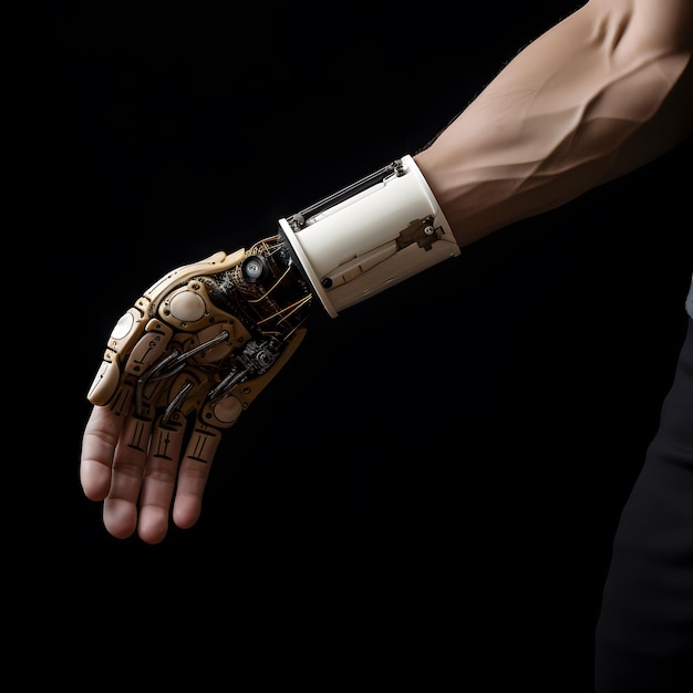 バイオニックプロテーゼ 人間の腕に接続されたロボットバイオニックアーム 整形外科医療で使用される最新技術 革新的なプロテーゼ技術