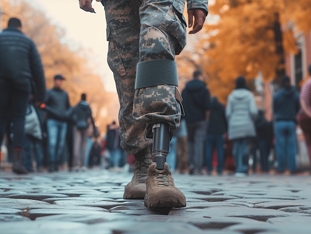 bionic prosthetic leg for military and army soldiers Closeup war and combat Military camp