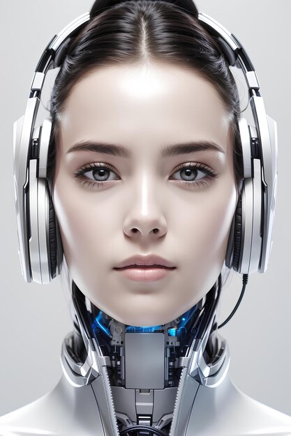 Photo bionic robot with woman face science technology concept