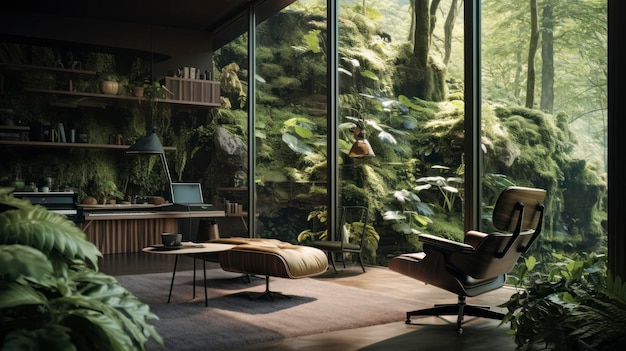 Biophilic design of a living room with plants and natural elements