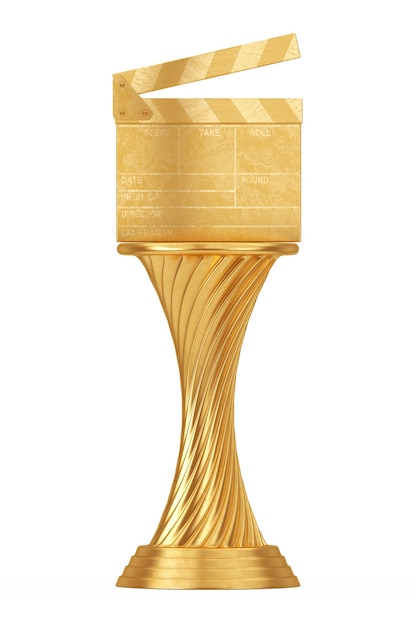 Foto bioscoop award-concept. golden award trophy film leisteen klepel bord op een witte achtergrond. 3d-rendering