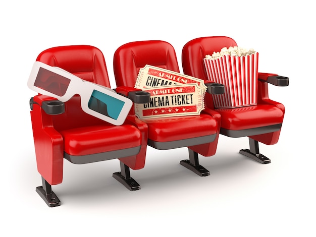 Bioscoop film concept. Rode stoelen met kaartjes, popcorn en 3D-bril geïsoleerd op wit.