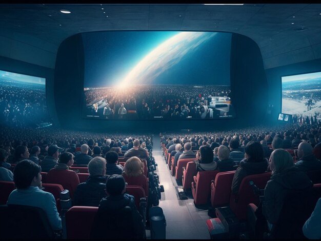 Bioscoop van de toekomst vol mensen die wachten op de laatste film van de nacht Generatieve AI