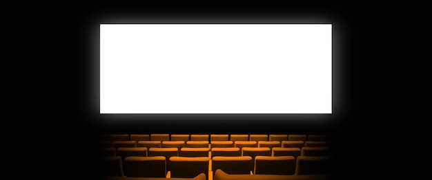 Bioscoopfilm met oranje fluwelen stoelen en een leeg wit scherm.