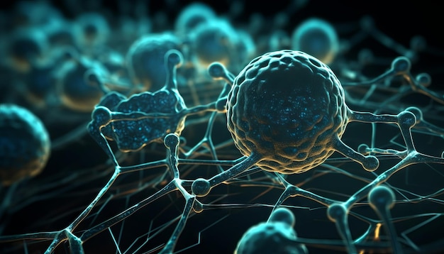 Biotech cel onderling verbonden lijnen 3D illustratie biotechnologie of biotech Generatieve ai