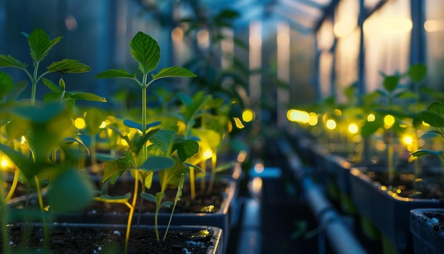 Photo a biotech greenhouse where scientists cultivate genetically engineered plants with luminescent leaves