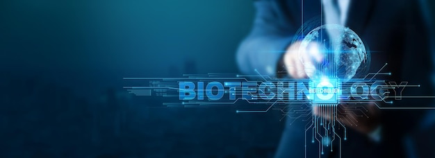 Biotechnologie Biotechnologie en zakenman Biotechnologie met een smartphone op een wereldwijd netwerk