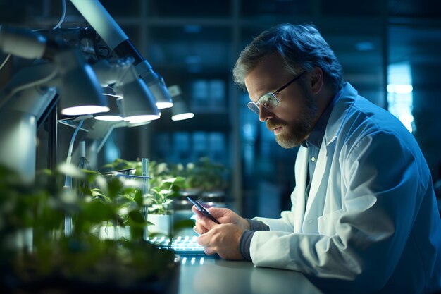 Foto biotechnologieonderzoeker die specimen onderzoekt