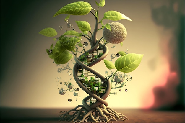Концепция биотехнологии зеленый овощной росток со спиралью ДНК вокруг искусства, созданного нейронной сетью