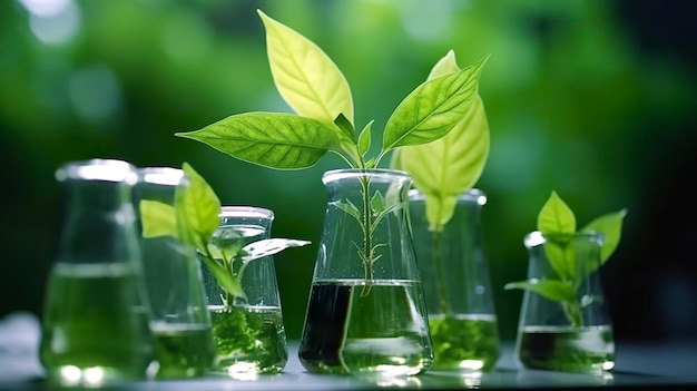 写真 緑の植物の葉のバイオテクノロジーのコンセプト 研究室のガラス器具と研究を行い 医学の進歩における自然と科学の強力な組み合わせを示しています