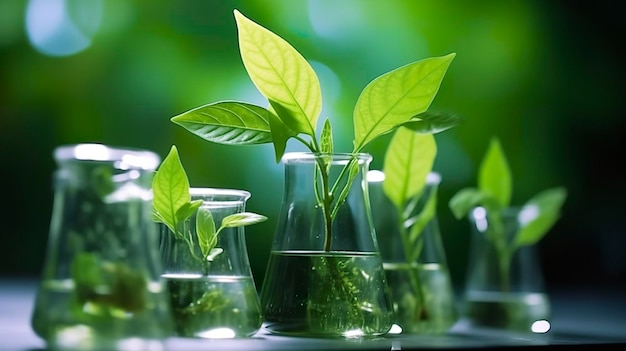 Biotechnology concept with green plant leaves laboratory glassware and conducting research illustrating the powerful combination of nature and science in medical advancements ai generative