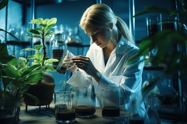 Photo biotechnology concept with woman researcher