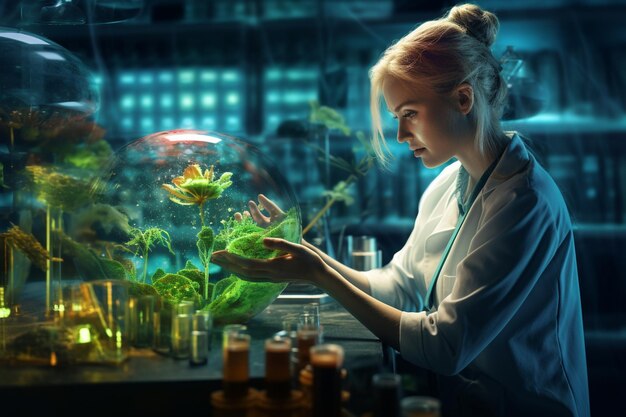 Photo biotechnology concept with woman researcher