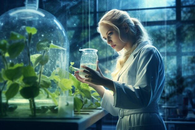 Photo biotechnology concept with woman researcher