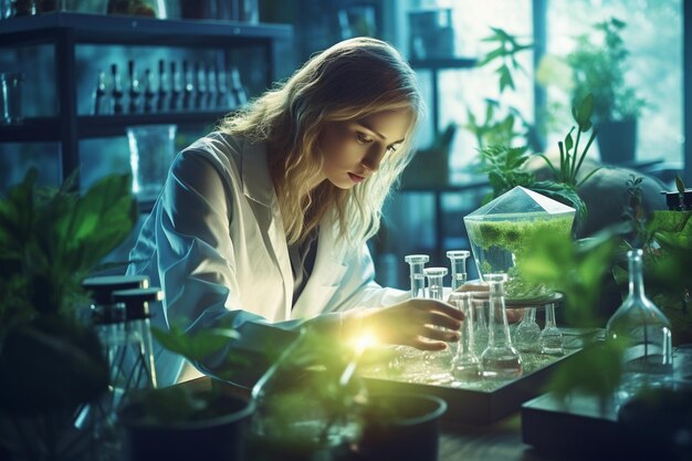 Photo biotechnology concept with woman researcher