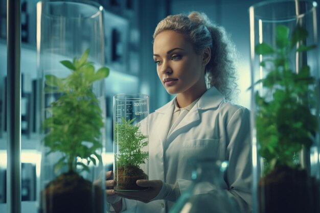 Photo biotechnology concept with woman researcher